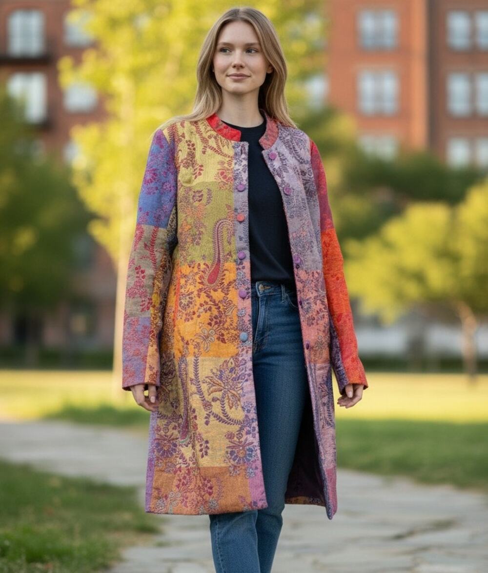 The Pyramid Collection Button Front Jacket Women's XS Multicolor Patchwork Boho